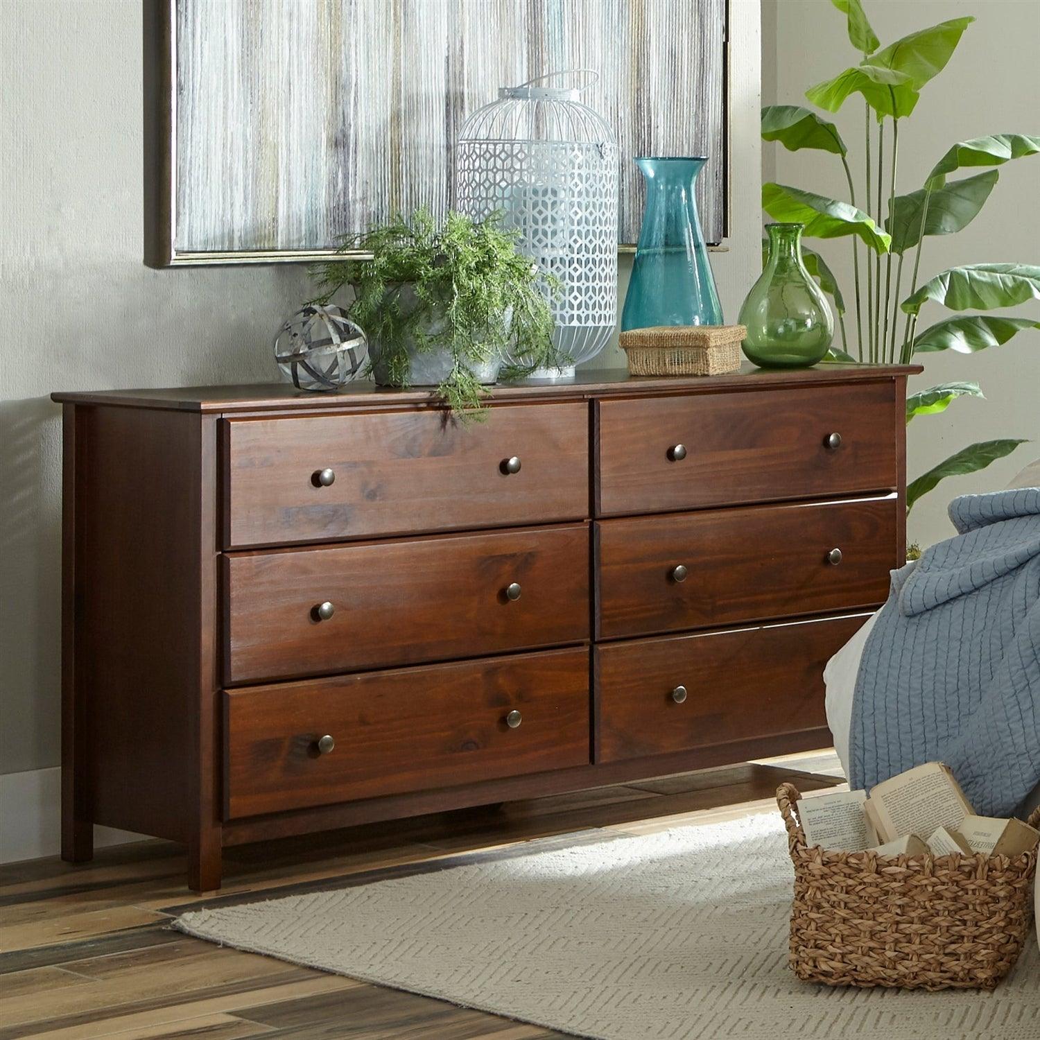 Farmhouse Solid Pine Wood 6 Drawer Dresser in Cherry Finish - PRHOMZ