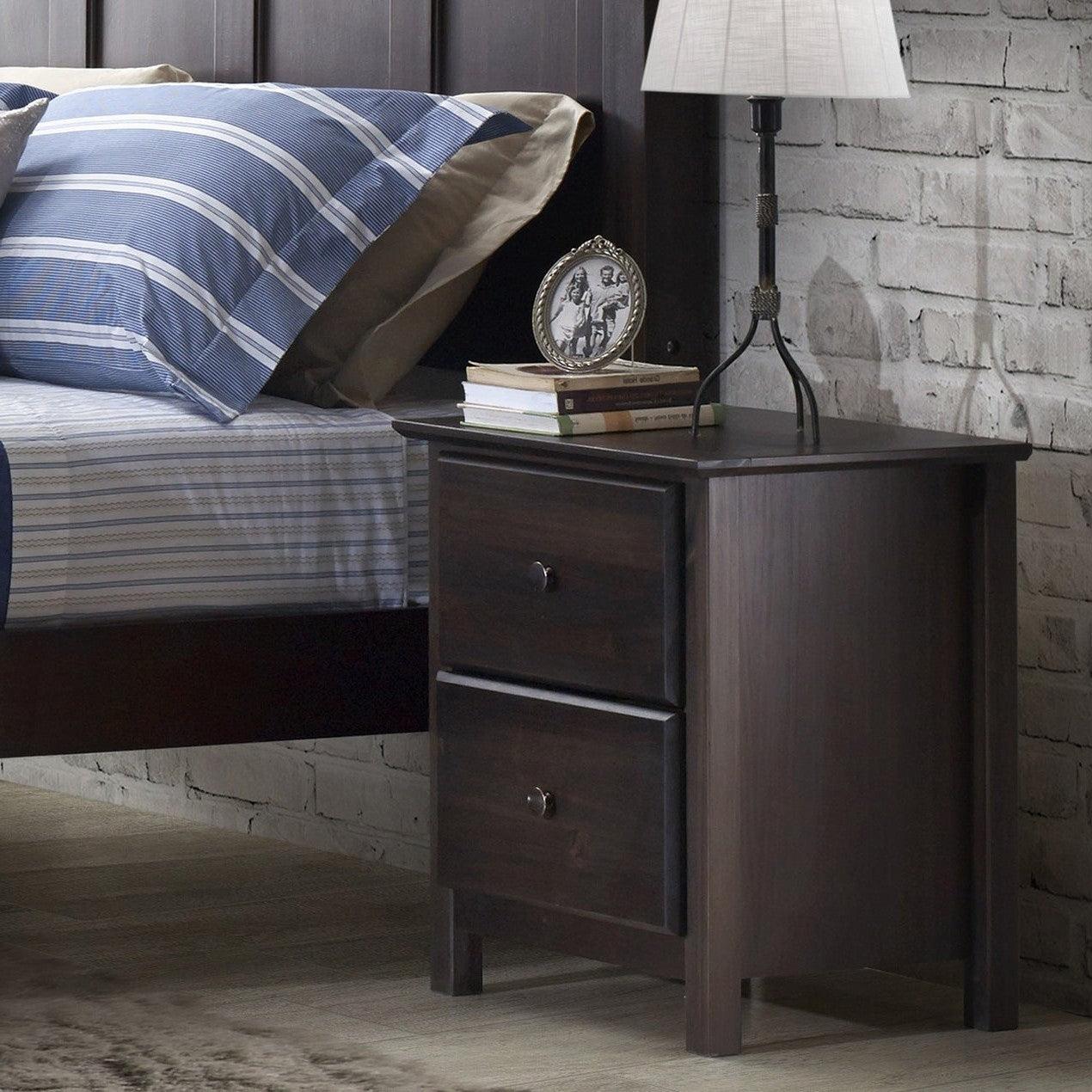 Farmhouse Solid Pine Wood 2 Drawer Nightstand in Espresso - PRHOMZ