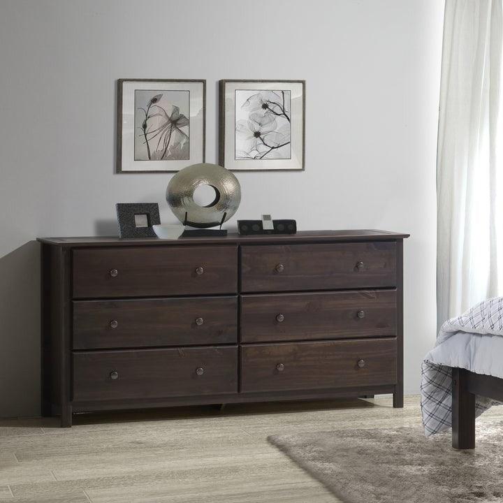 Farmhouse Solid Pine Wood 6 Drawer Dresser in Espresso Finish - PRHOMZ