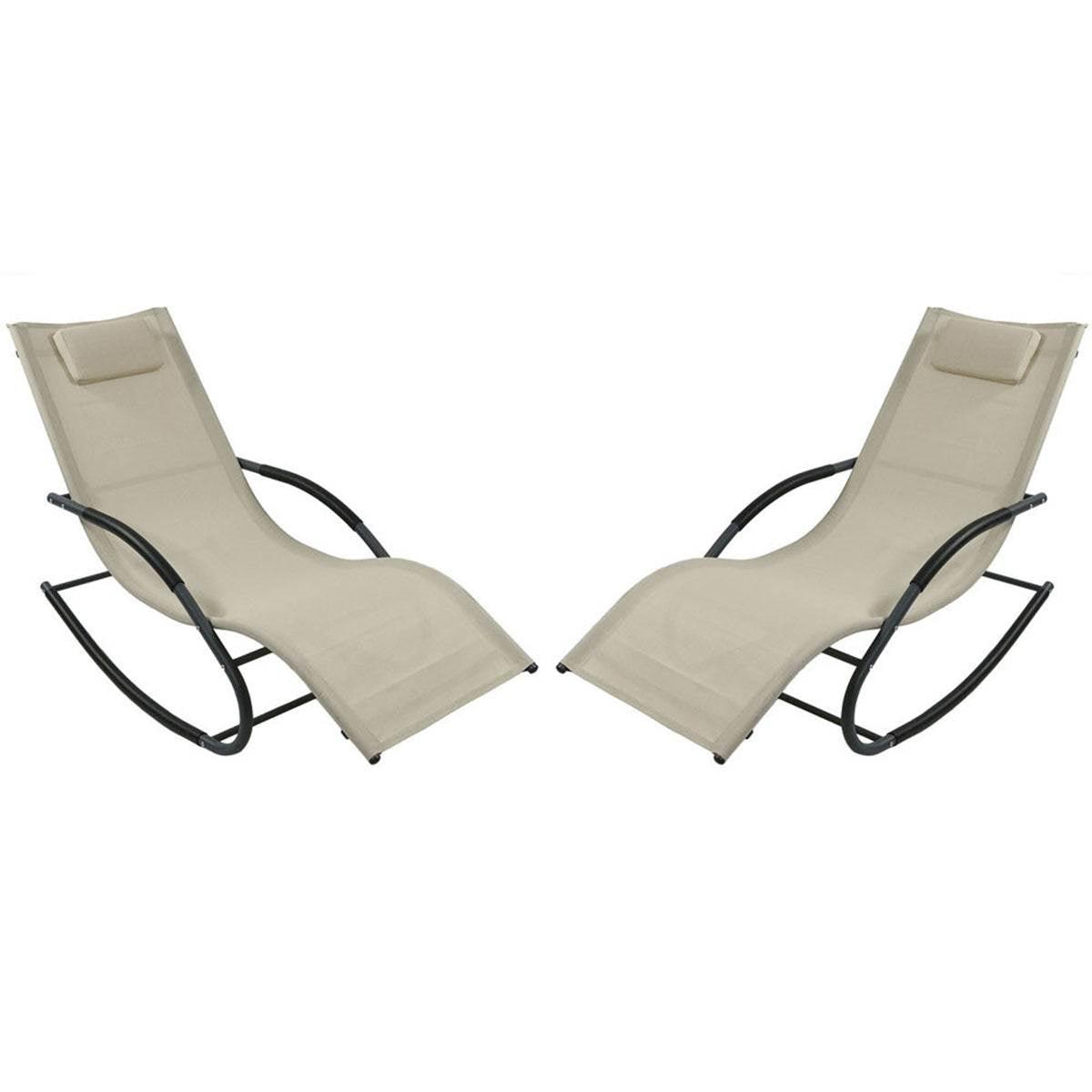 Set of 2 Beige Rocking Chaise Lounger Patio Lounge Chair with Pillow - PRHOMZ