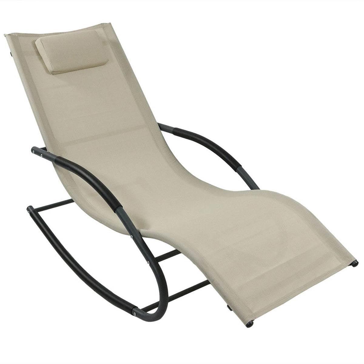 Set of 2 Beige Rocking Chaise Lounger Patio Lounge Chair with Pillow - PRHOMZ