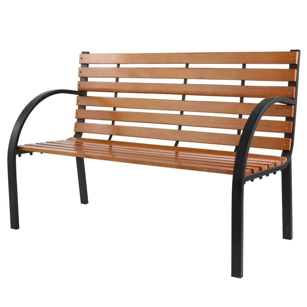Black Metal Frame Outdoor Wood Slat Garden Bench with Curved Armrests - PRHOMZ