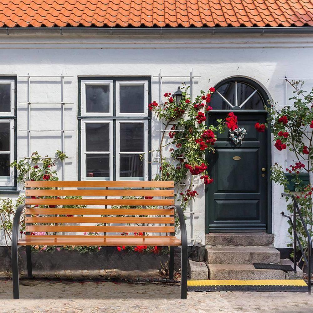 Black Metal Frame Outdoor Wood Slat Garden Bench with Curved Armrests - PRHOMZ