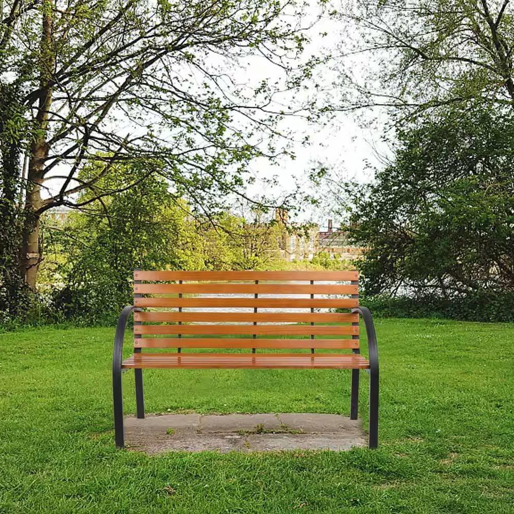 Black Metal Frame Outdoor Wood Slat Garden Bench with Curved Armrests - PRHOMZ