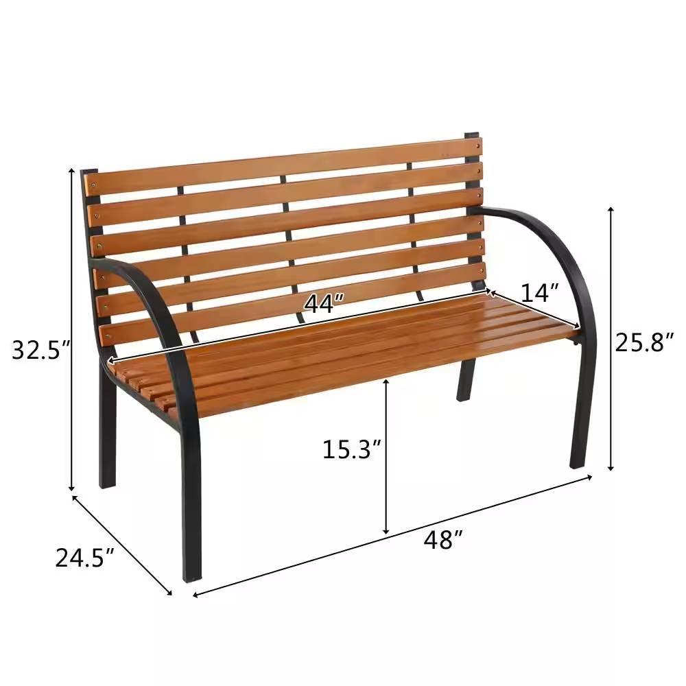 Black Metal Frame Outdoor Wood Slat Garden Bench with Curved Armrests - PRHOMZ