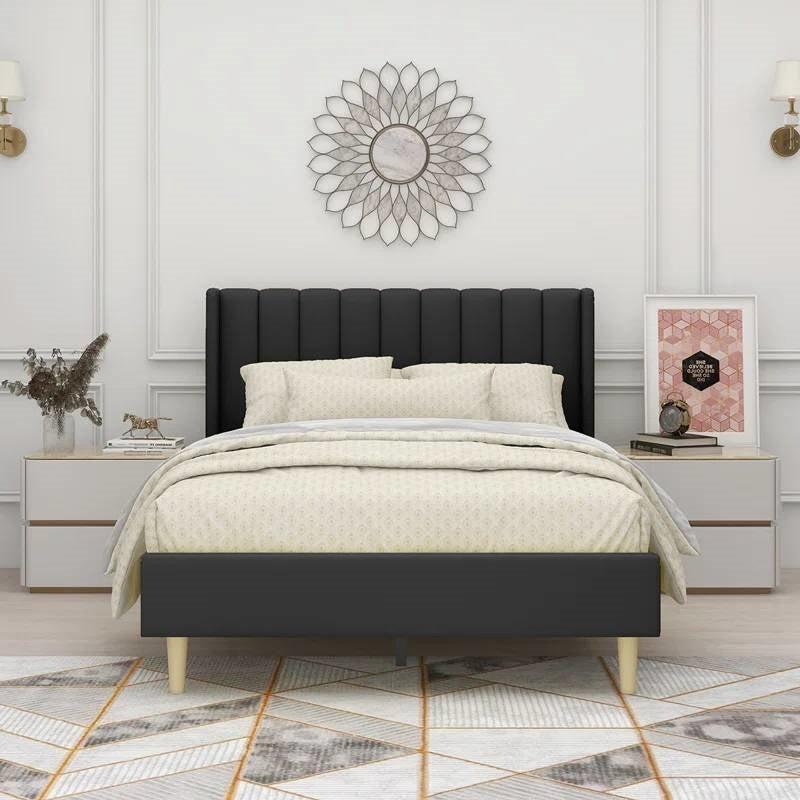 Full size Mid-Century Black Linen Platform Bed Frame with Upholstered Headboard-0