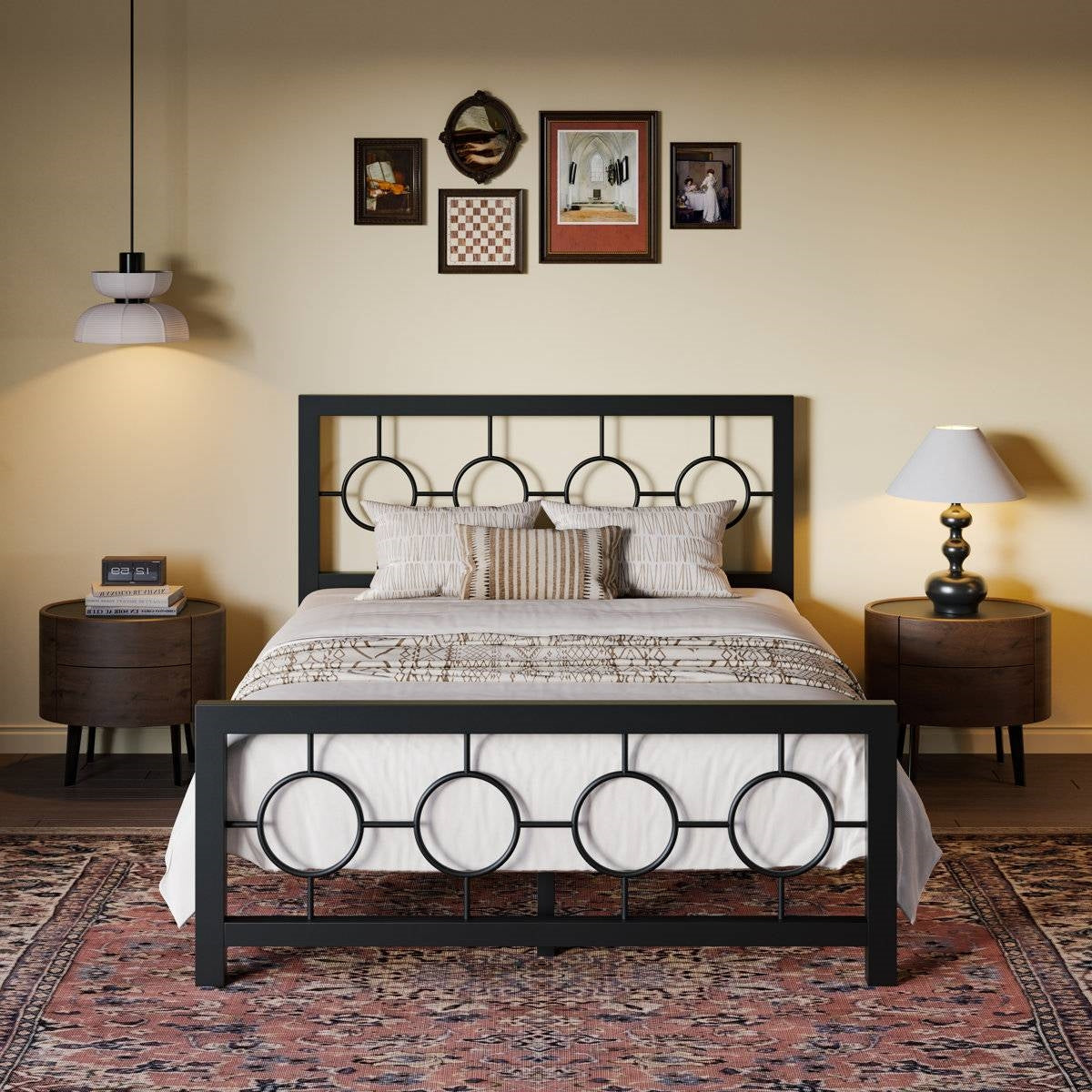 Full Black Metal Platform Bed Frame with Circle Medallion Headboard Footboard-1