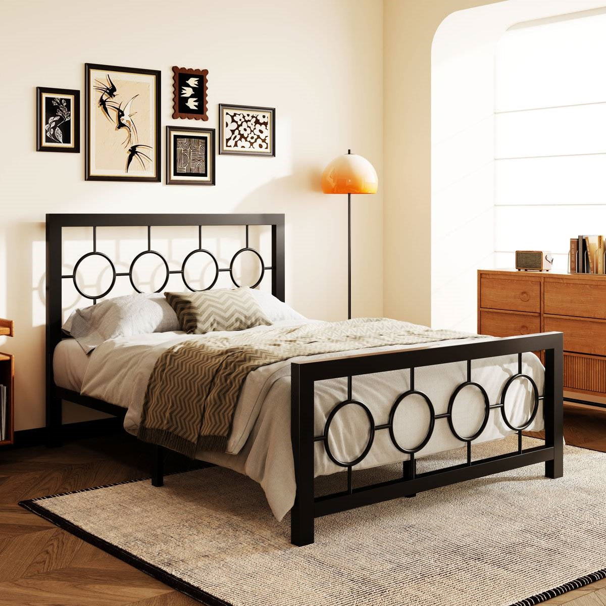 Full Black Metal Platform Bed Frame with Circle Medallion Headboard Footboard-2