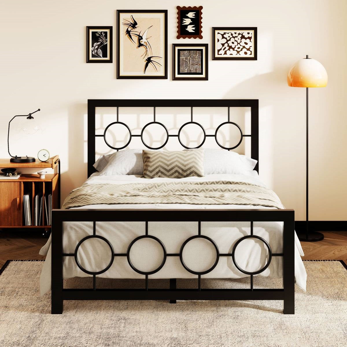Full Black Metal Platform Bed Frame with Circle Medallion Headboard Footboard-3