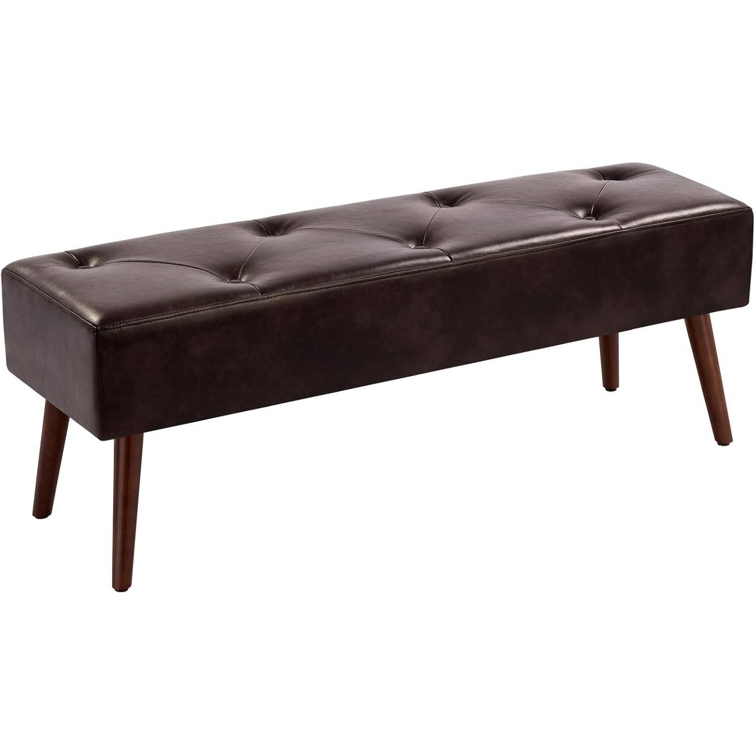 Mid-Century Bed Bench with Dark Brown Leather Upholstered Seat Solid Wood Legs - PRHOMZ