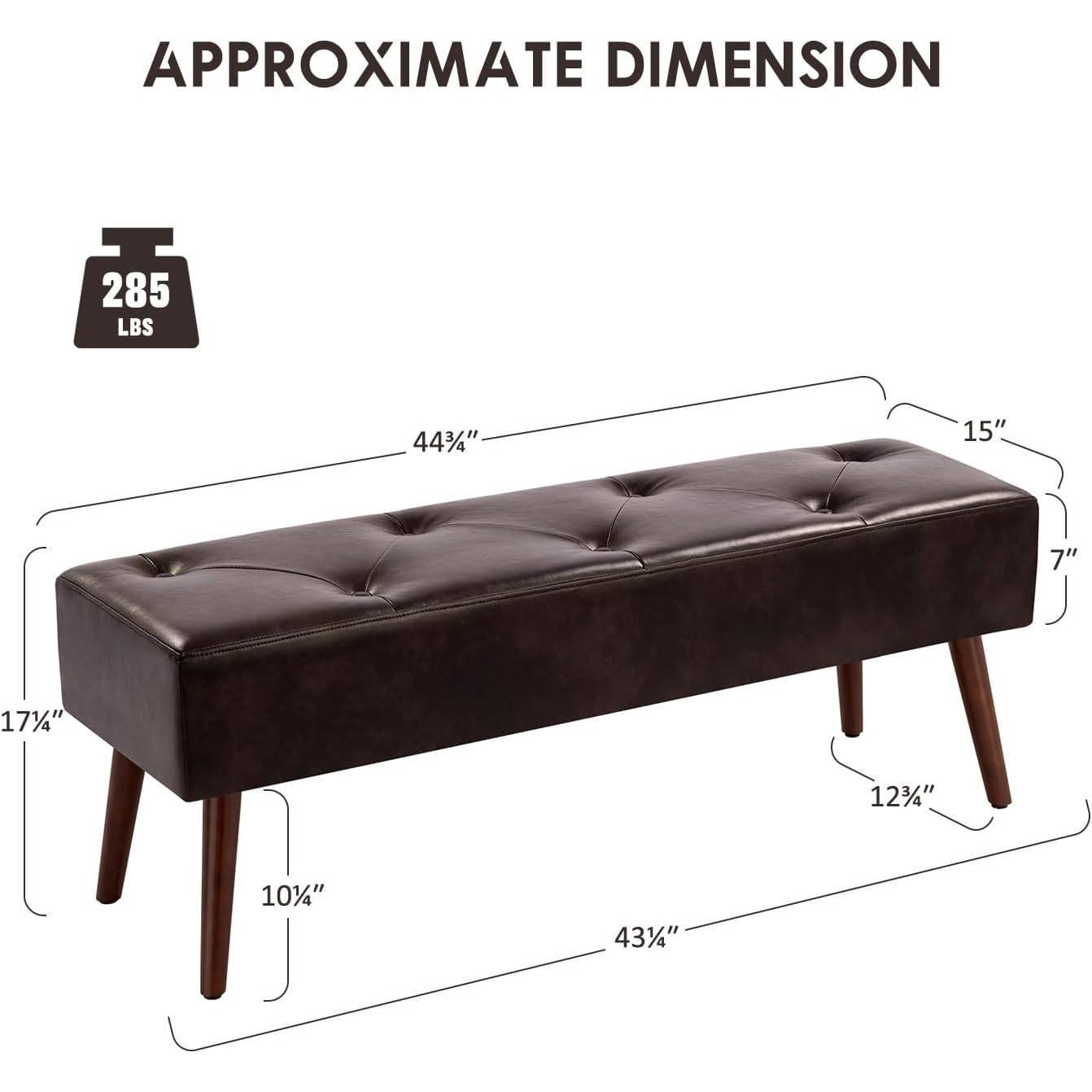 Mid-Century Bed Bench with Dark Brown Leather Upholstered Seat Solid Wood Legs - PRHOMZ
