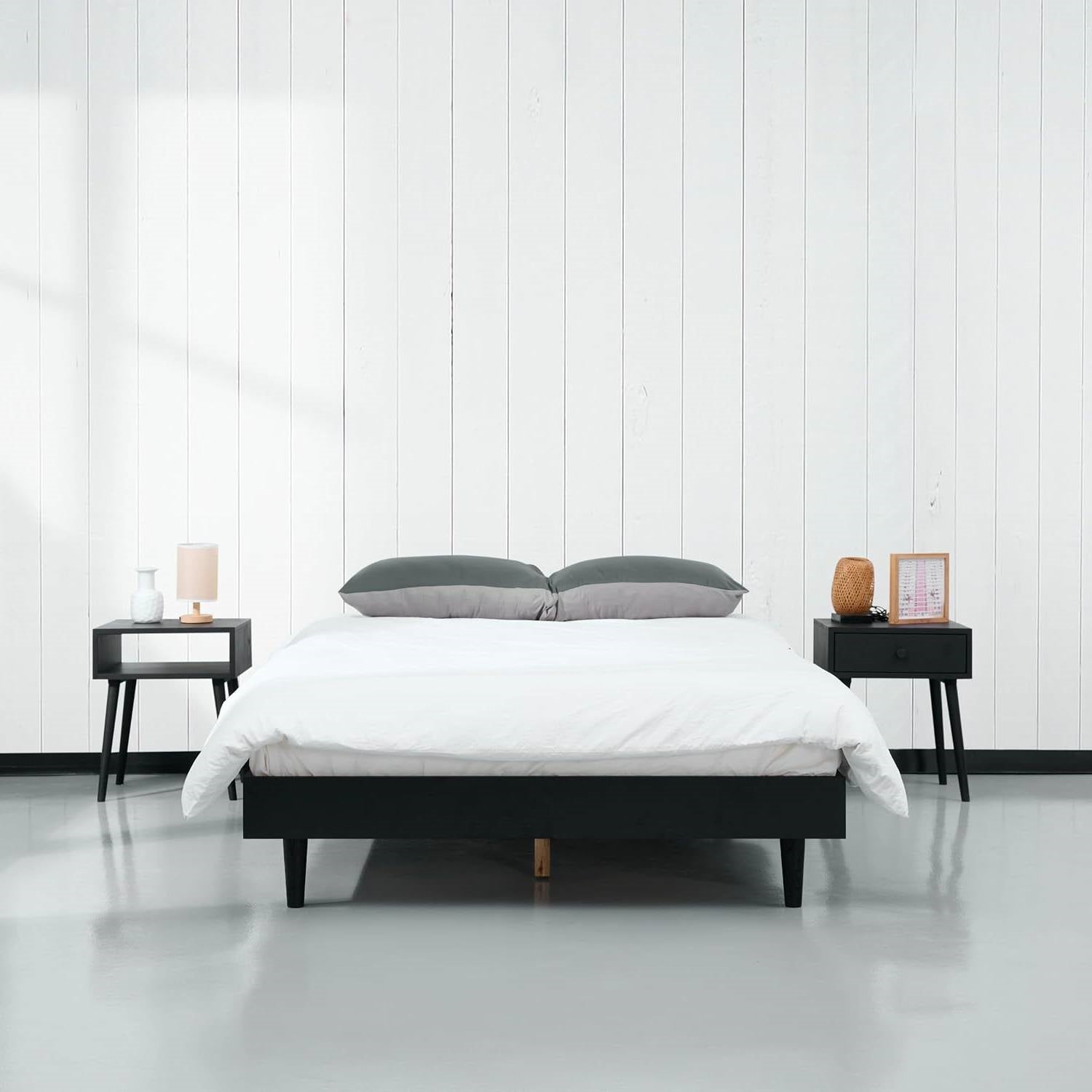 Full size Mid-Century Modern Platform Bed Frame in Black Wood Finish-1