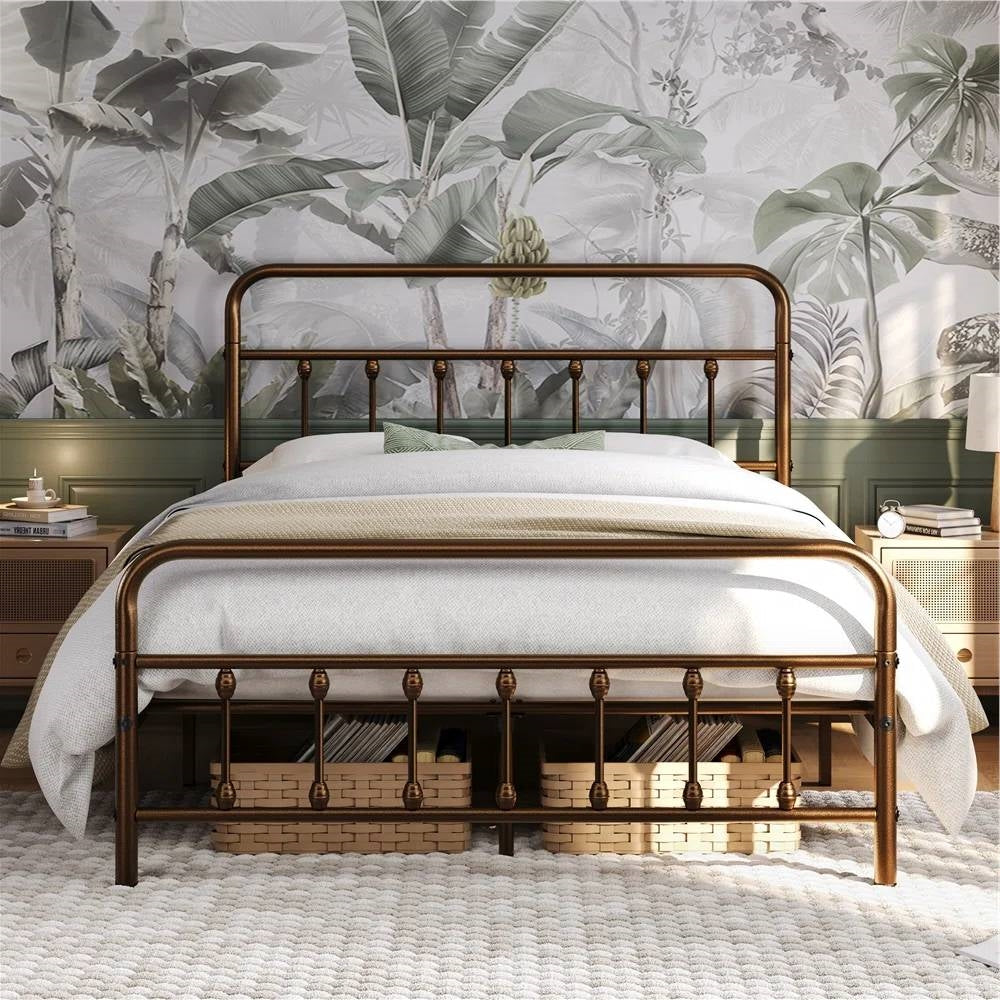 Full size Vintage Bronze Metal Platform Bed Frame with Headboard and Footboard-0