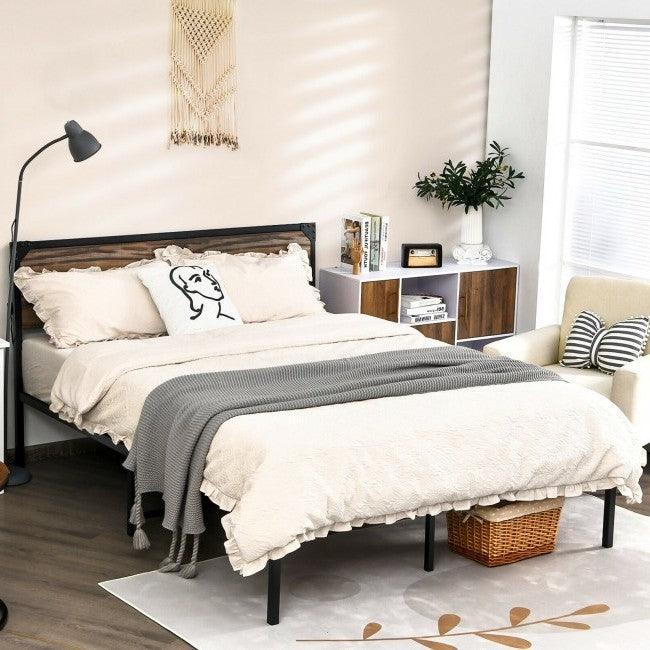 Rustic FarmHome Metal Wood Platform Bed Frame in Full Size - PRHOMZ