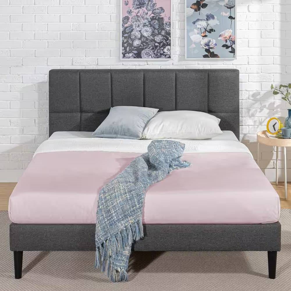 Full size Grey Upholstered Platform Bed Frame with Padded Headboard-3