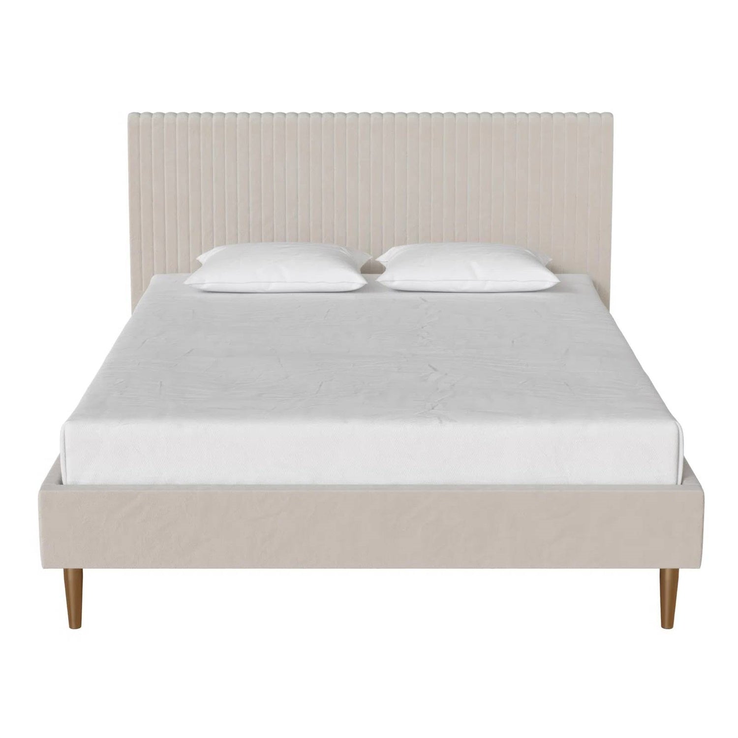 Full size Off-White Ivory Cream Upholstered Platform Bed Frame with Headboard-2