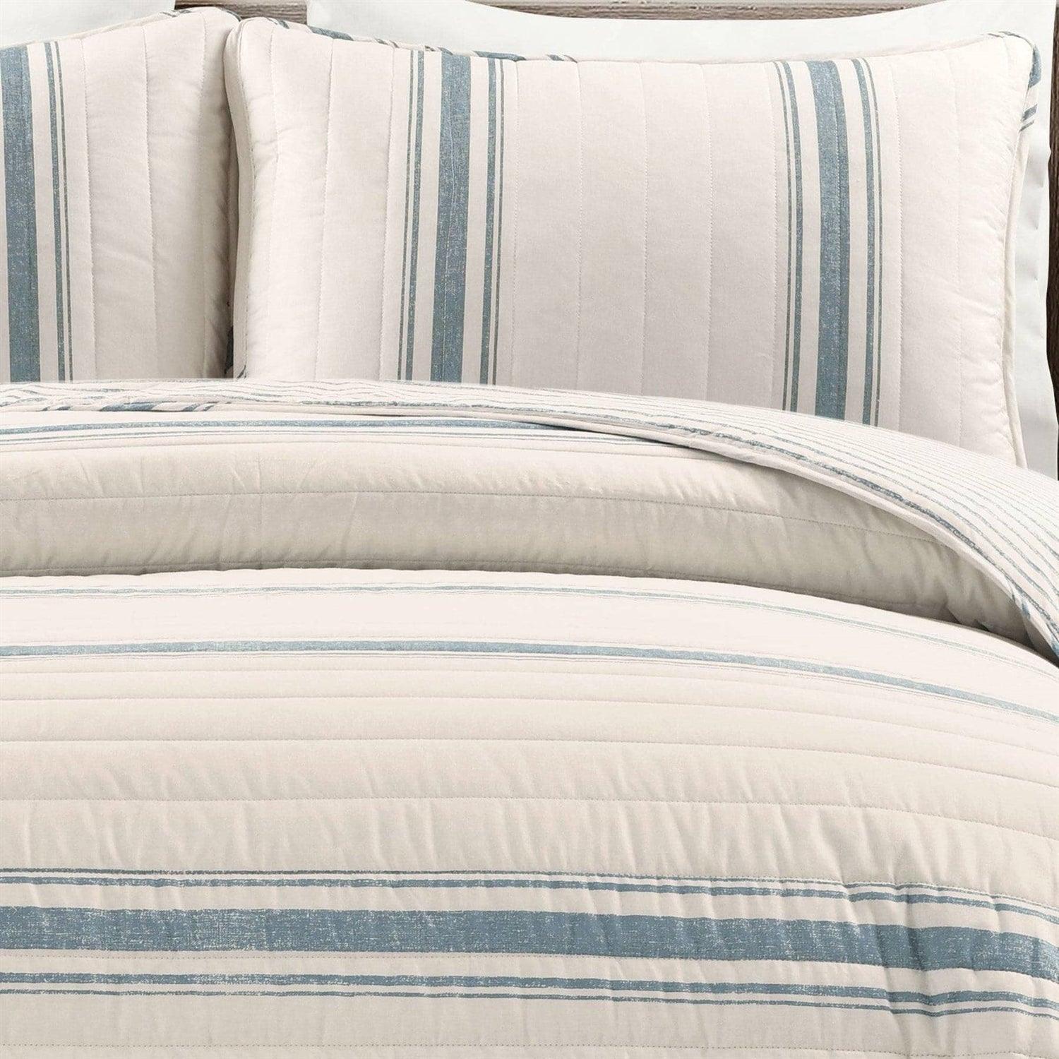 Full/Queen Blue Off-White Stripe 3 Piece Reversible Cotton Quilt Set - PRHOMZ