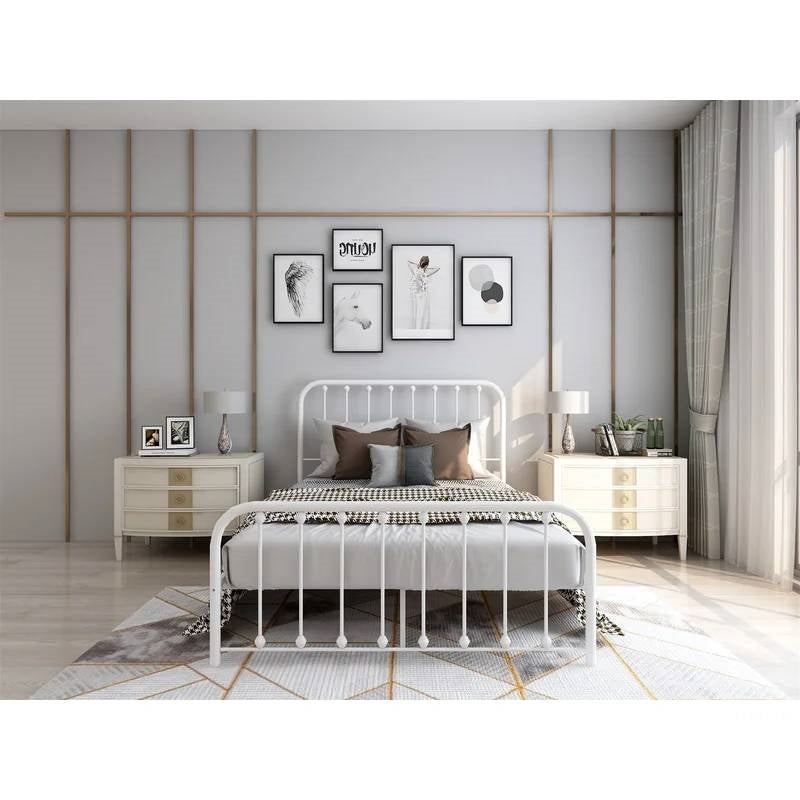 Full size Classic White Metal Bed Frame with Slatted Headboard and Footboard-1