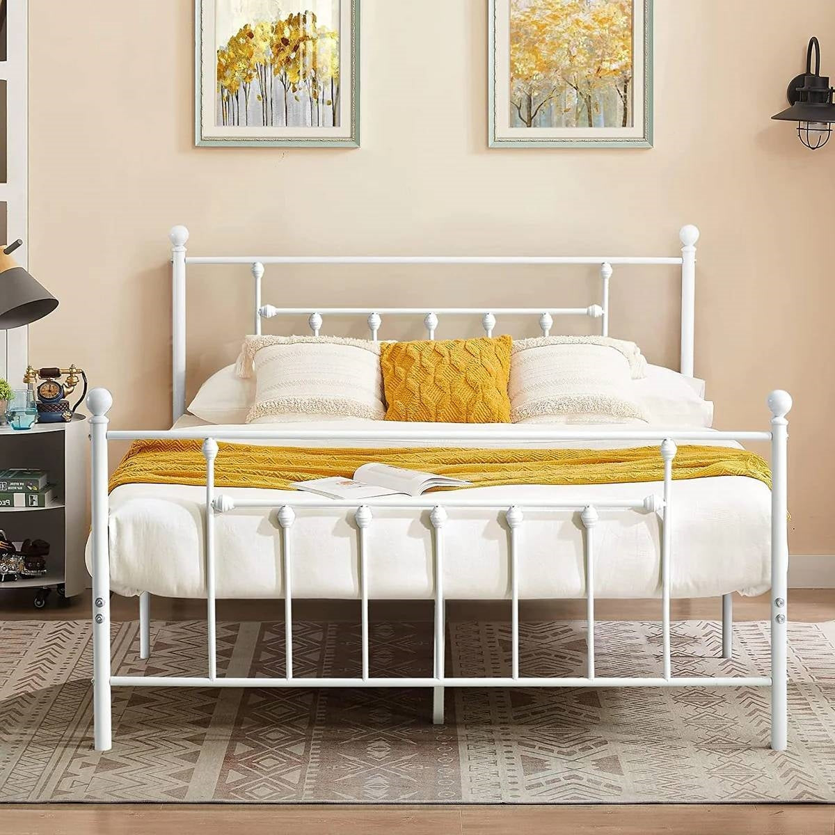 Full Vintage Style White Metal Platform Bed Frame with Headboard Footboard-0