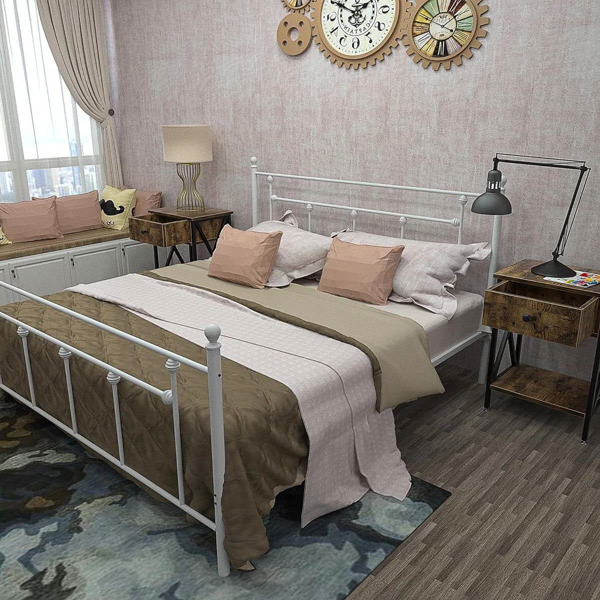 Full Vintage Style White Metal Platform Bed Frame with Headboard Footboard-1