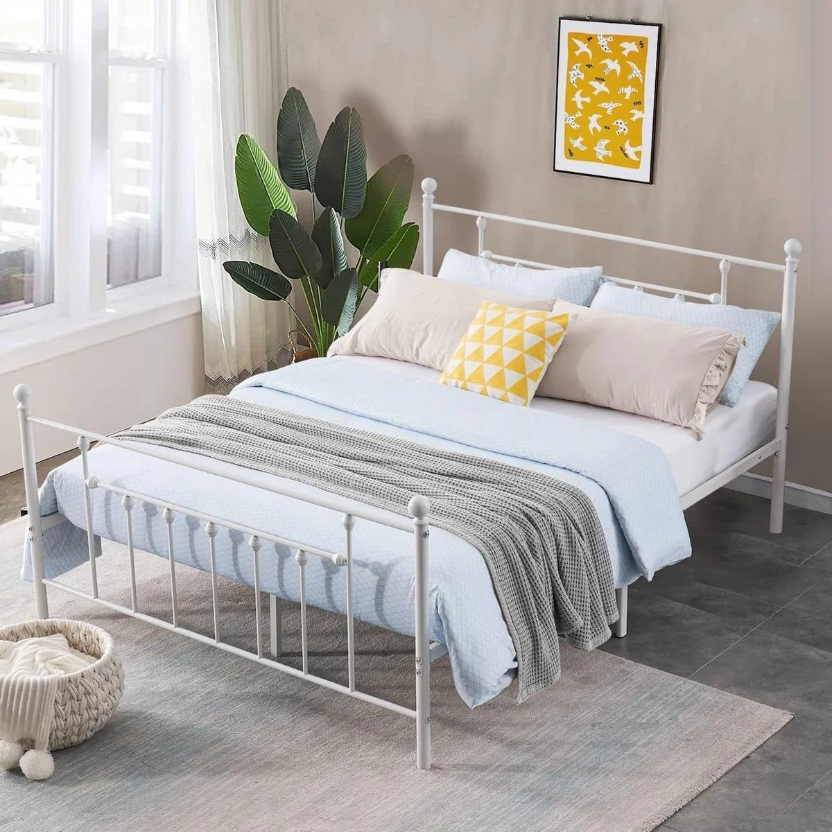 Full Vintage Style White Metal Platform Bed Frame with Headboard Footboard-2