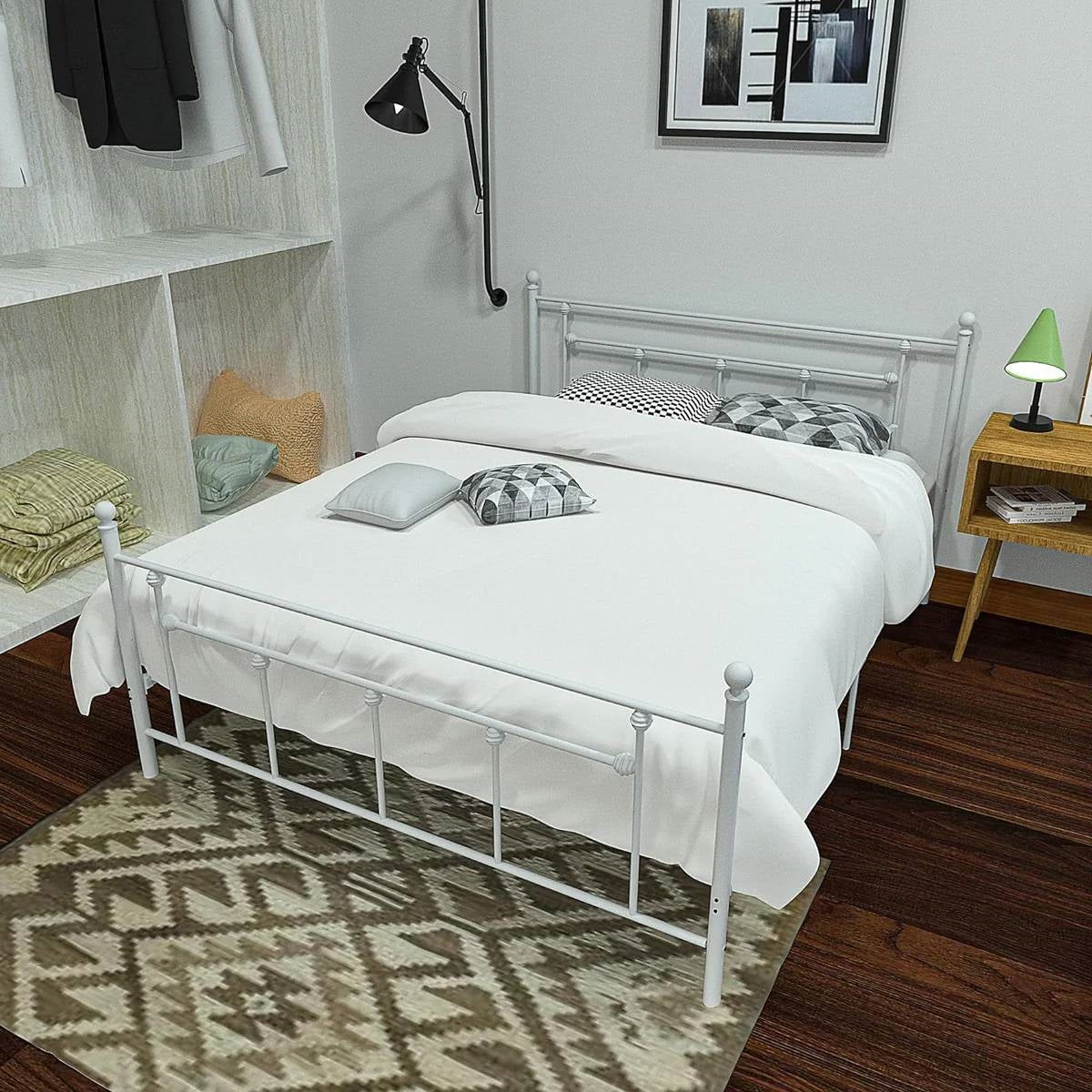 Full Vintage Style White Metal Platform Bed Frame with Headboard Footboard-3