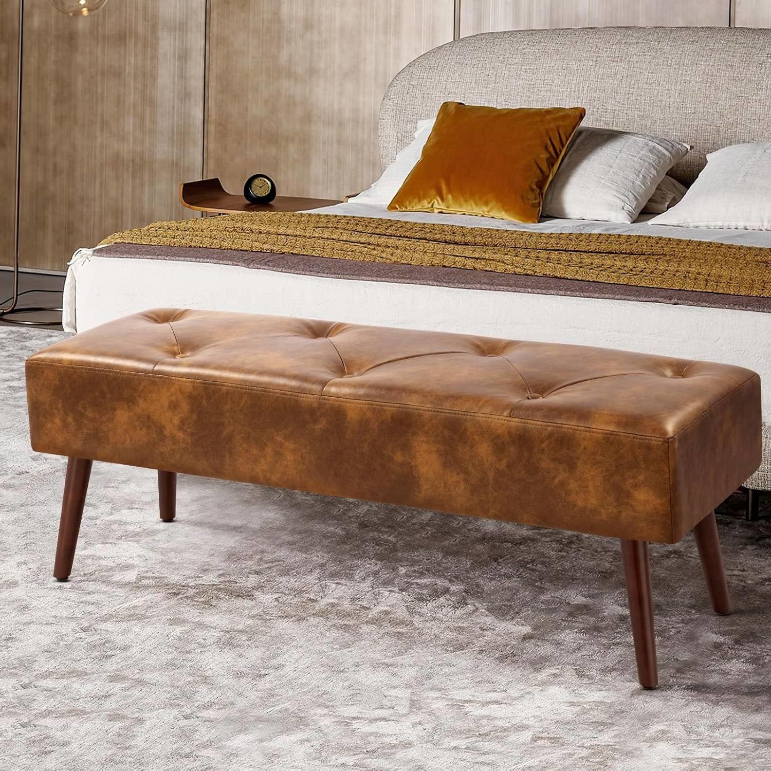 Mid-Century End of Bed Bench with Brown Leather Upholstered Seat Solid Wood Legs - PRHOMZ