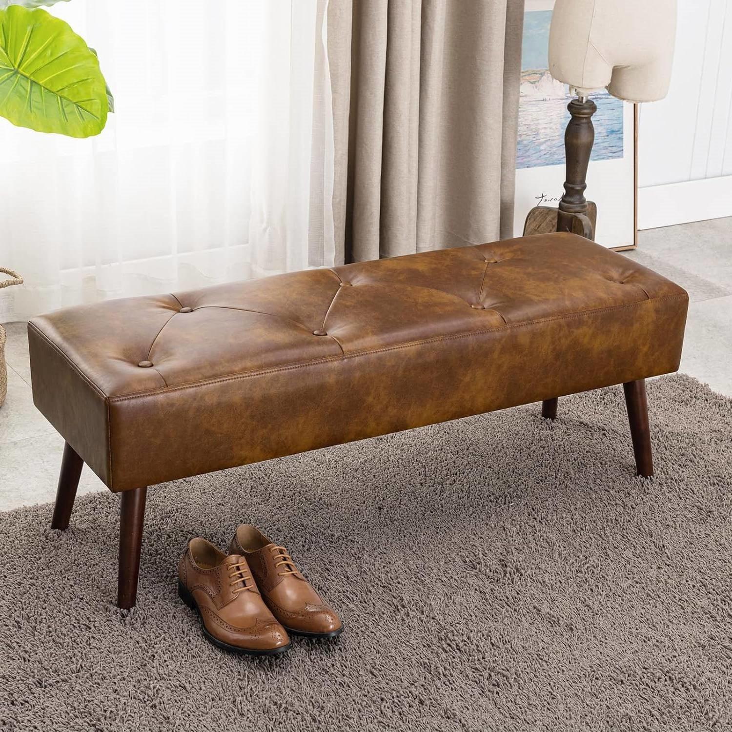 Mid-Century End of Bed Bench with Brown Leather Upholstered Seat Solid Wood Legs - PRHOMZ