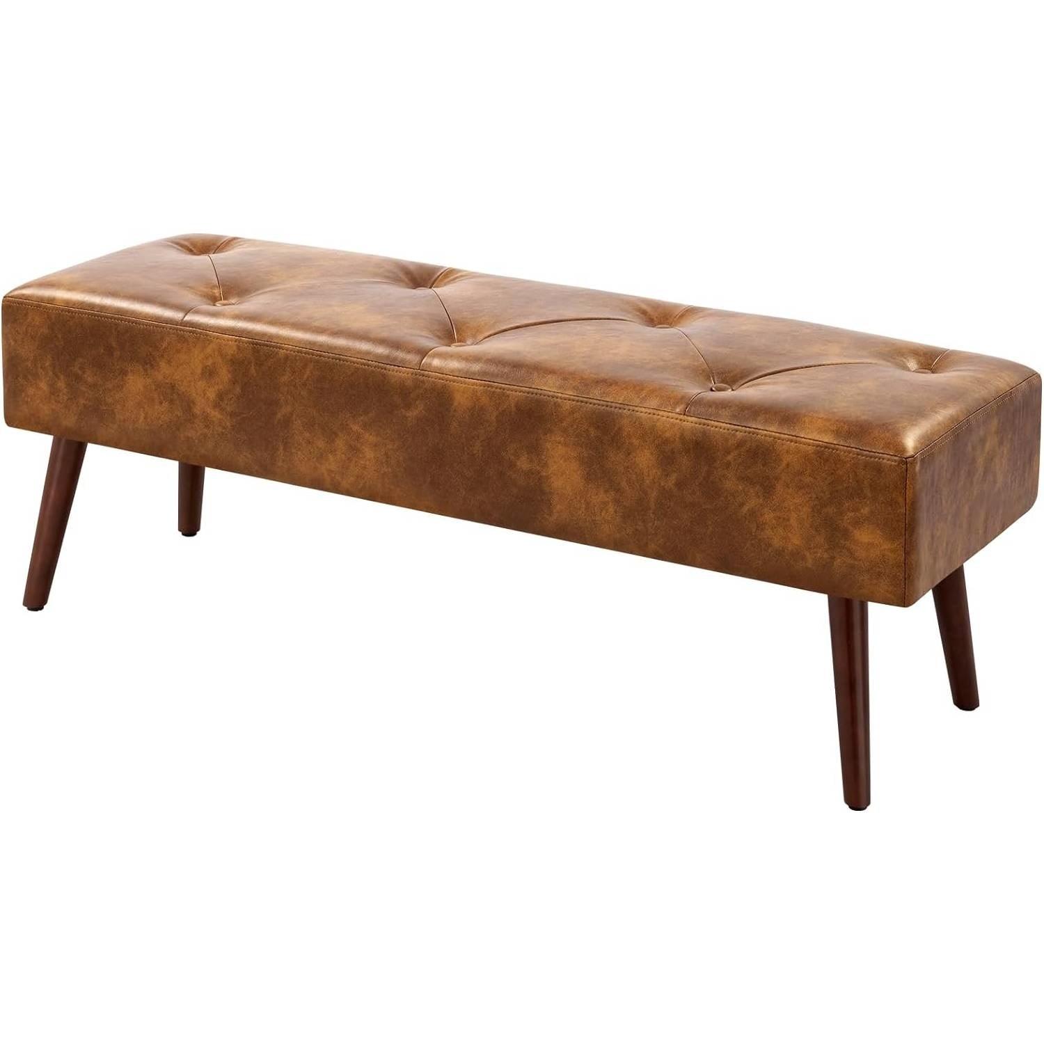 Mid-Century End of Bed Bench with Brown Leather Upholstered Seat Solid Wood Legs - PRHOMZ