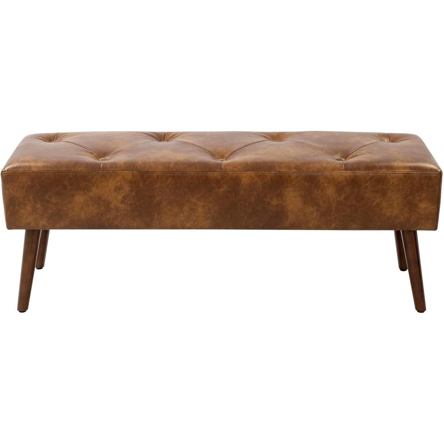 Mid-Century End of Bed Bench with Brown Leather Upholstered Seat Solid Wood Legs - PRHOMZ
