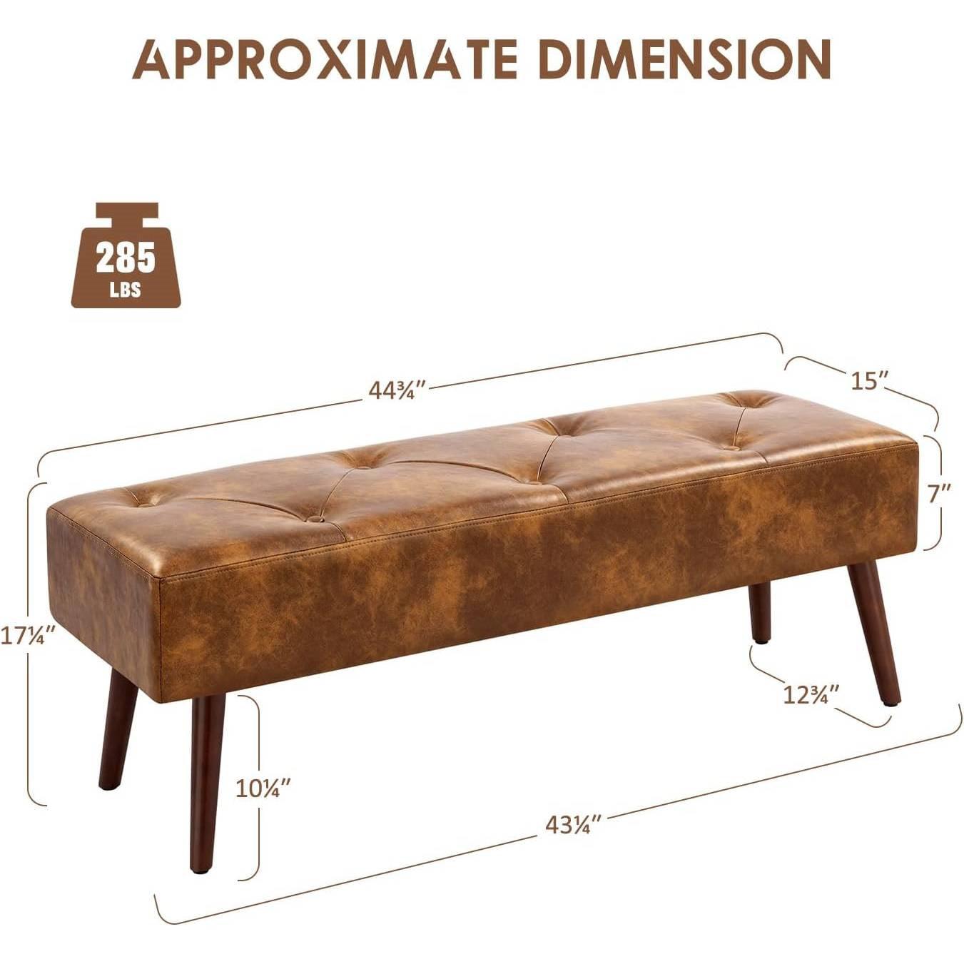 Mid-Century End of Bed Bench with Brown Leather Upholstered Seat Solid Wood Legs - PRHOMZ