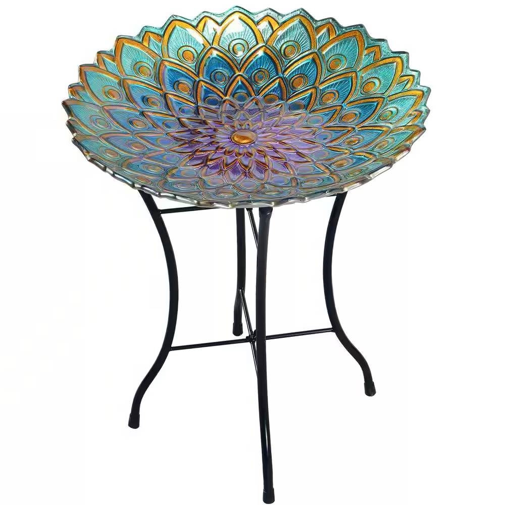 Round 18-inch Peacock Style Glass Mosaic Flower Birdbath with Metal Stand-0