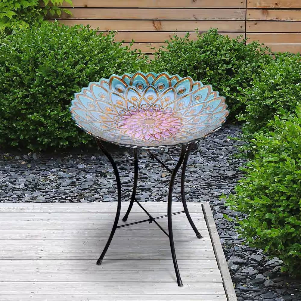 Round 18-inch Peacock Style Glass Mosaic Flower Birdbath with Metal Stand-1
