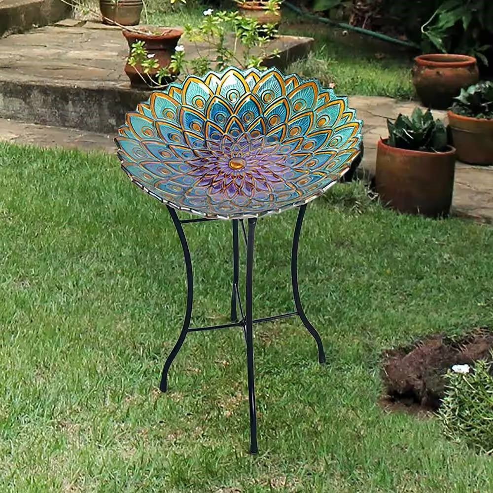 Round 18-inch Peacock Style Glass Mosaic Flower Birdbath with Metal Stand-2