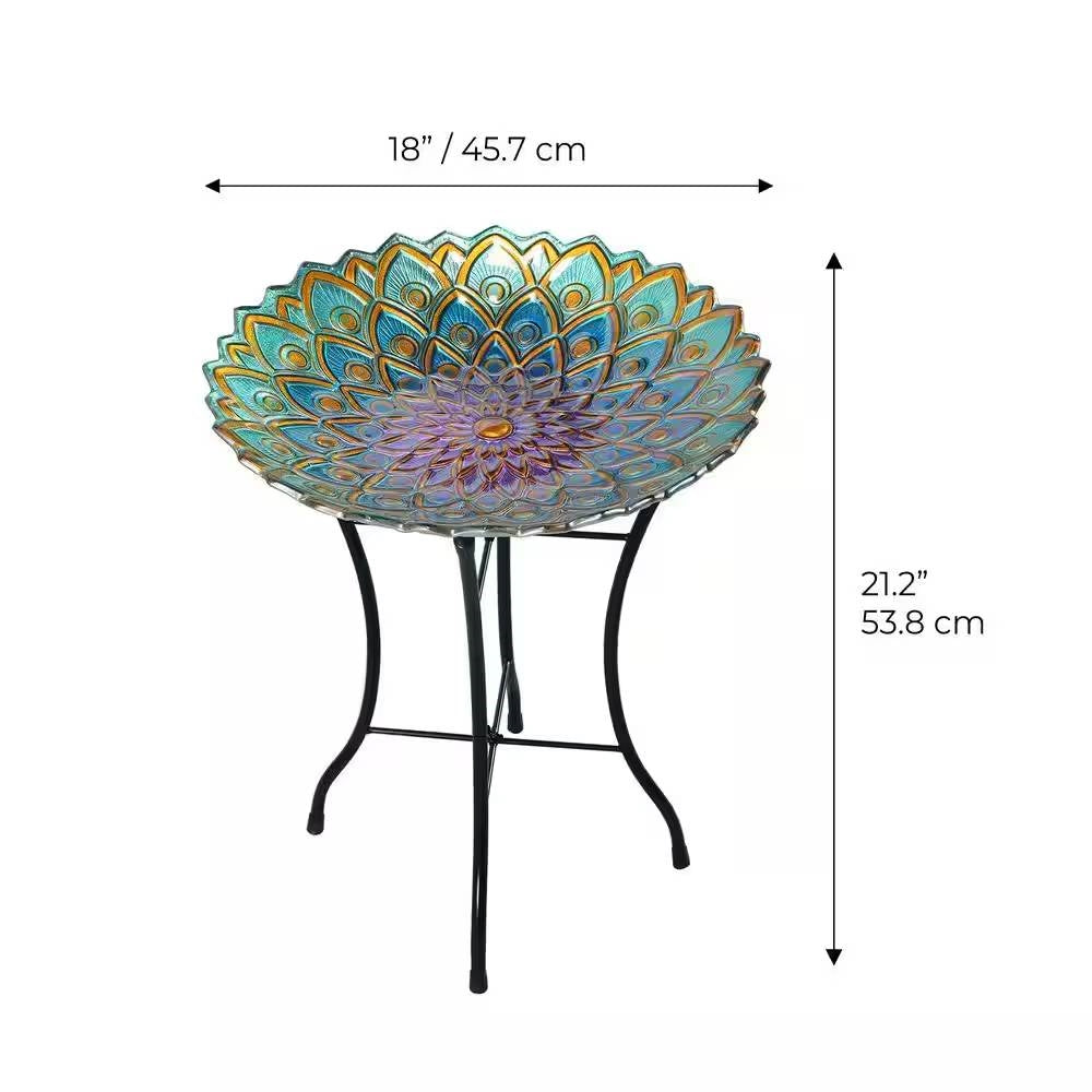 Round 18-inch Peacock Style Glass Mosaic Flower Birdbath with Metal Stand-4