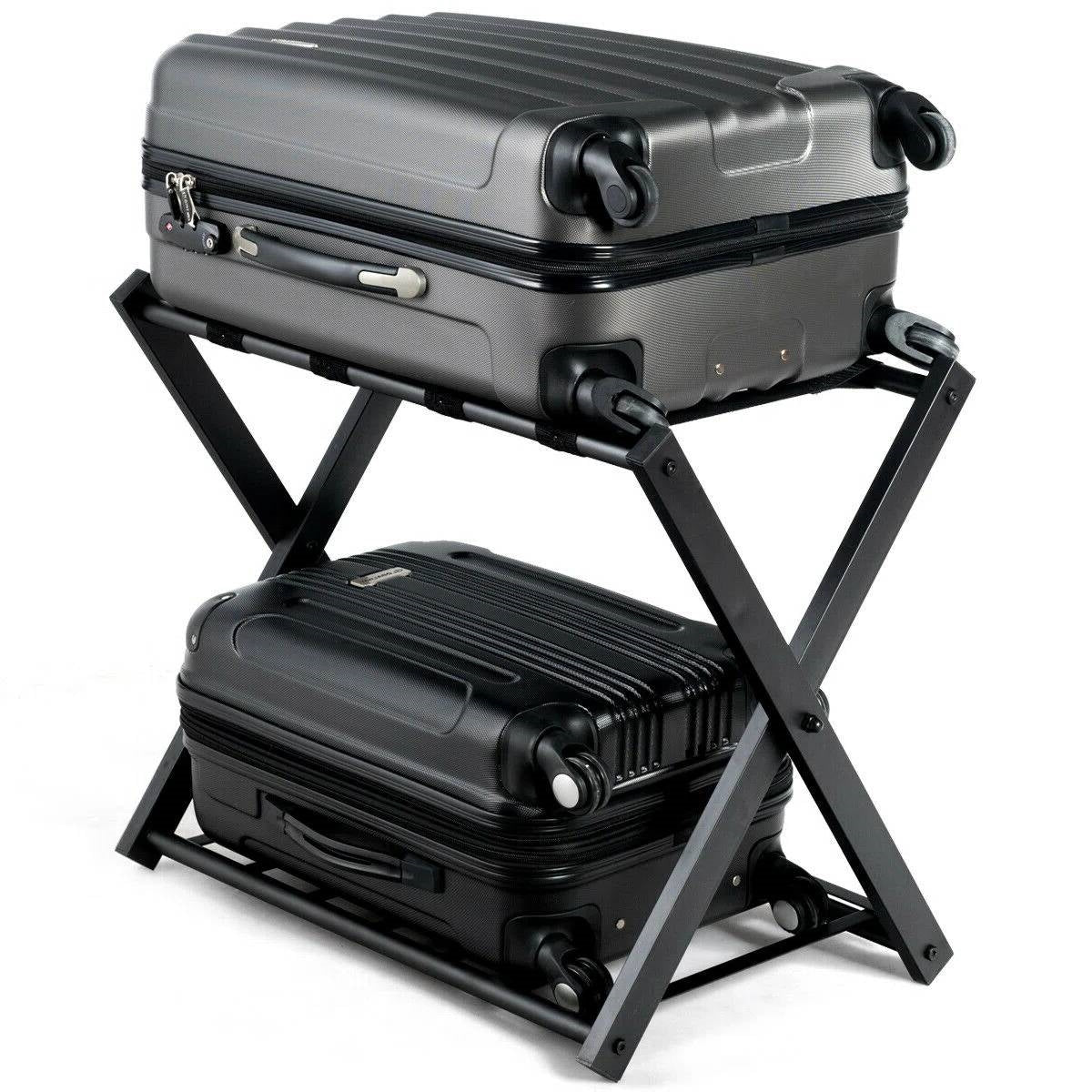 Set of 2 - Folding Black Metal Luggage Rack with Bottom Storage Shelf-3