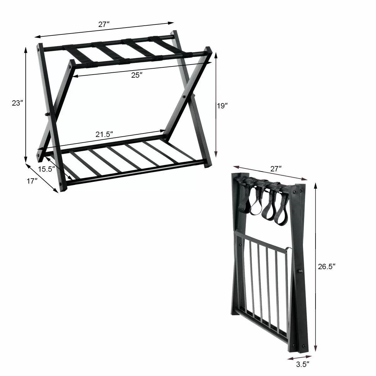 Set of 2 - Folding Black Metal Luggage Rack with Bottom Storage Shelf-4