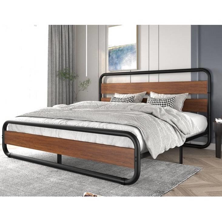 Full Heavy Duty Industrial Modern Metal Wood Platform Bed Frame with Headboard - PRHOMZ