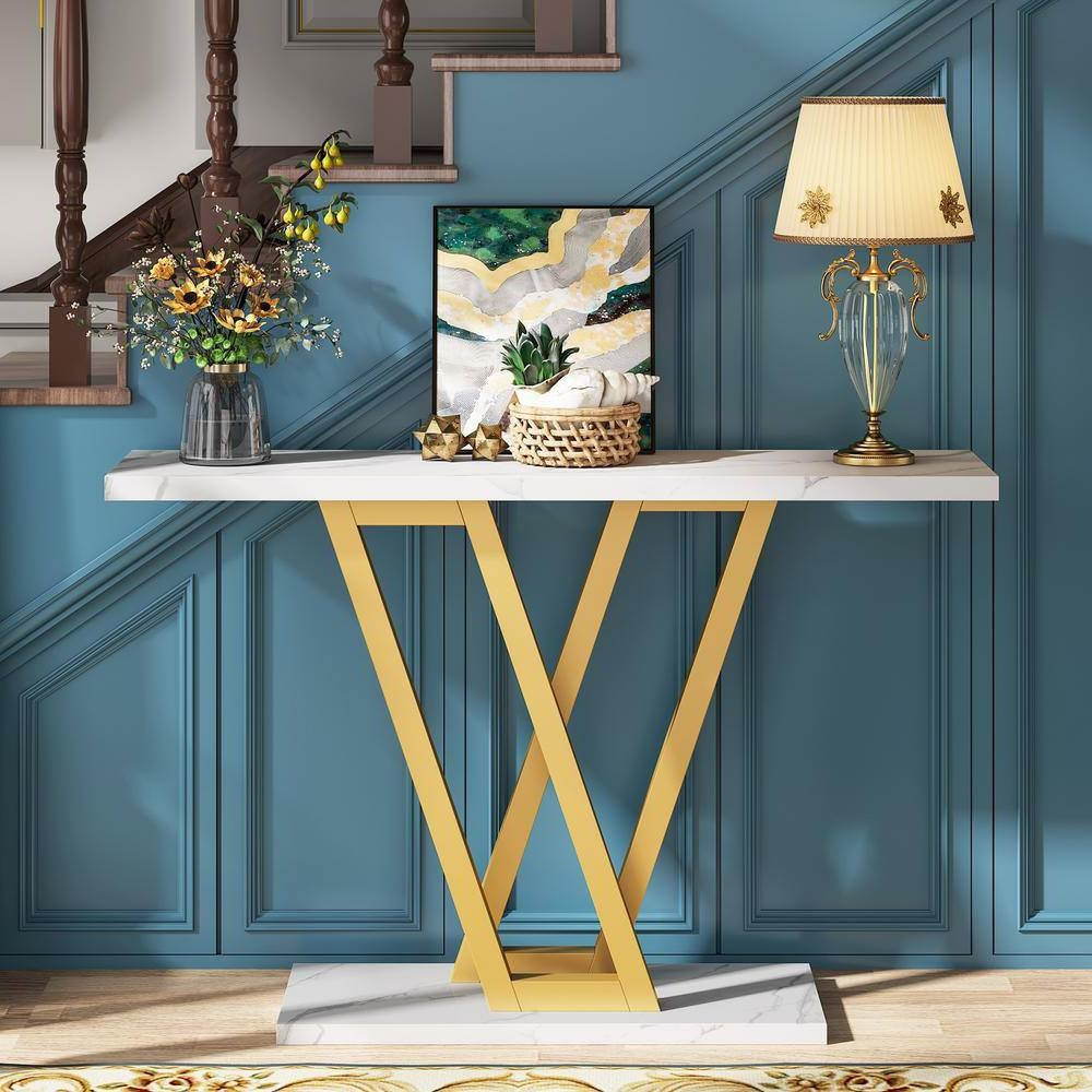 Modern Industrial Console Table with Faux White Marble Top and Gold Frame-3