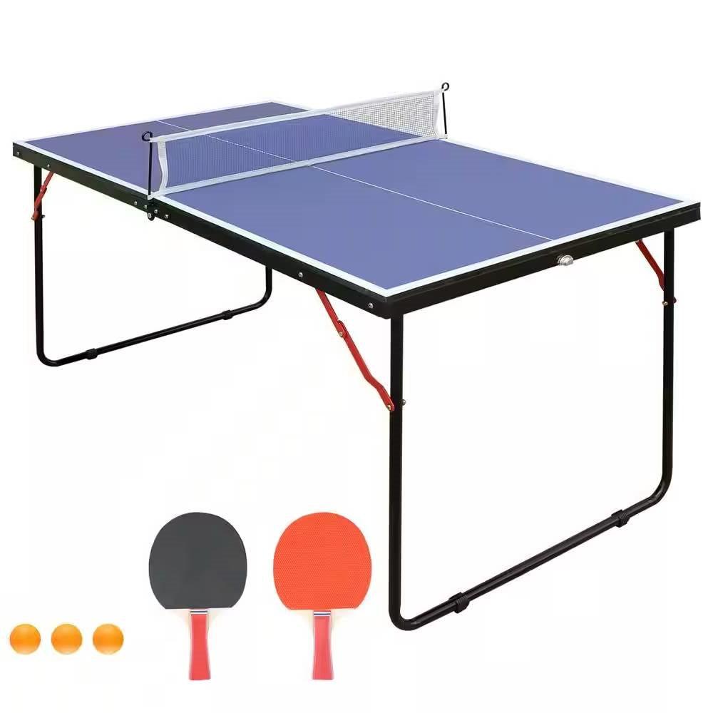 Folding 54-inch Blue Ping Pong Table Tennis Table Set with Net 2 and Paddles - PRHOMZ
