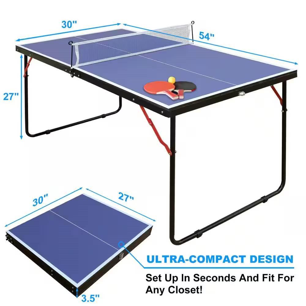 Folding 54-inch Blue Ping Pong Table Tennis Table Set with Net 2 and Paddles - PRHOMZ