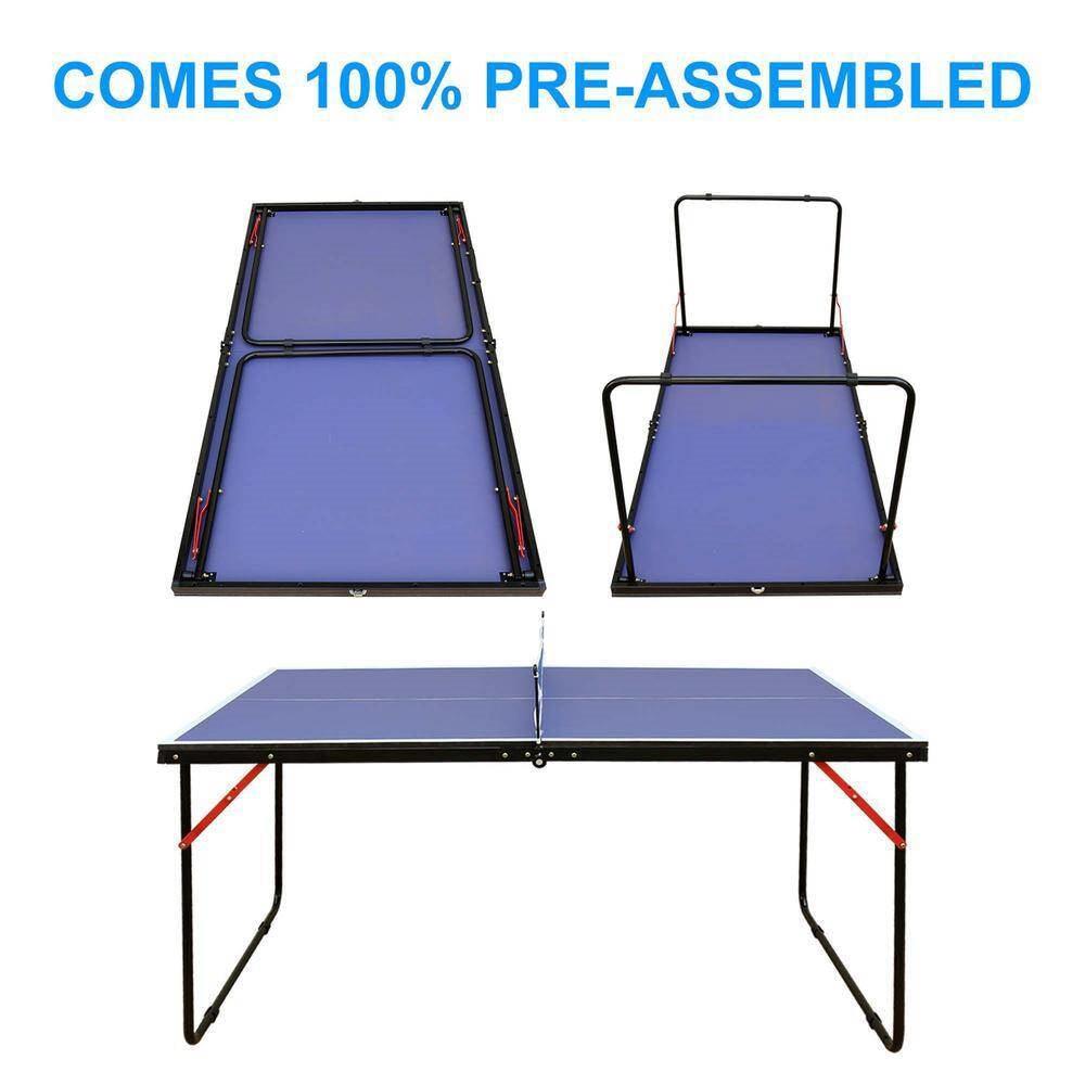 Folding 54-inch Blue Ping Pong Table Tennis Table Set with Net 2 and Paddles - PRHOMZ