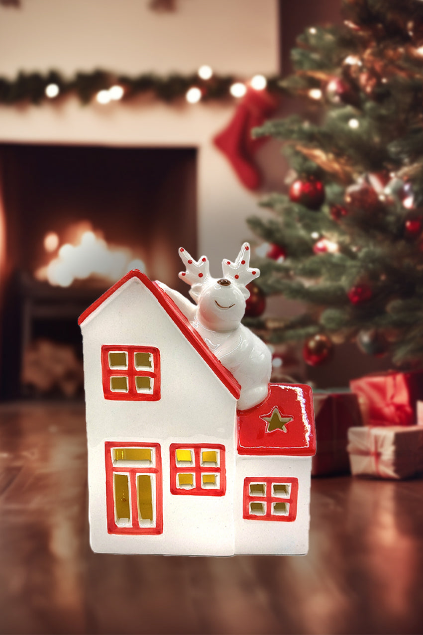 Christmas Ceramic Ornament - Christmas Cottage with Reindeer by Wizardi F07N7-3-0