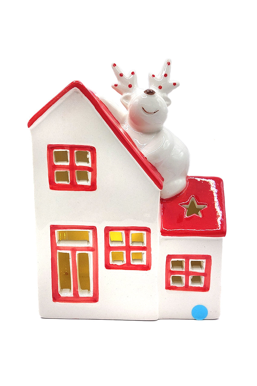 Christmas Ceramic Ornament - Christmas Cottage with Reindeer by Wizardi F07N7-3-1