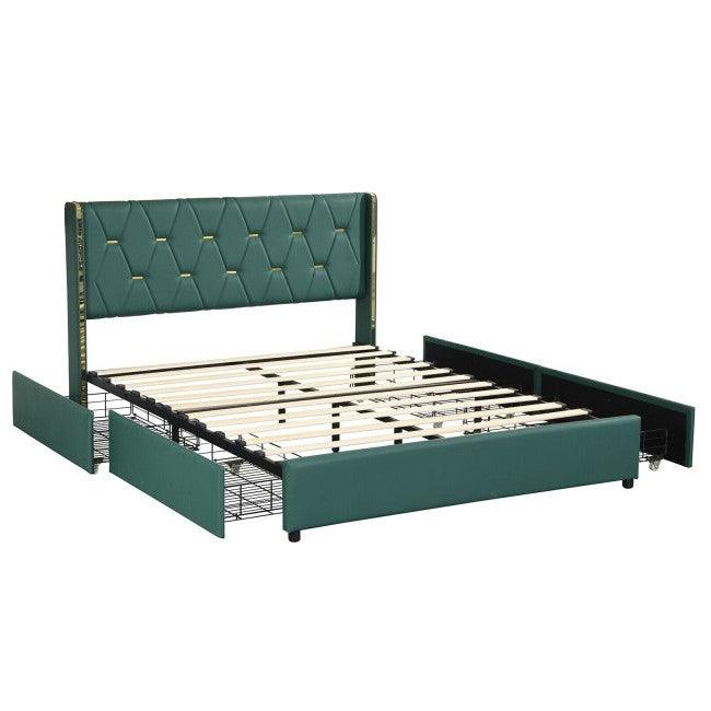 Full Size Green/Gold Linen Headboard 4 Drawer Storage Platform Bed - PRHOMZ