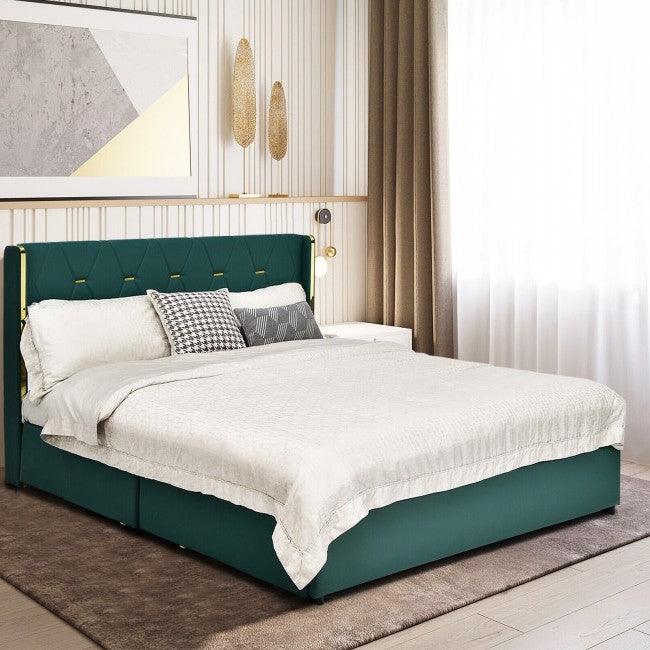 Full Size Green/Gold Linen Headboard 4 Drawer Storage Platform Bed - PRHOMZ