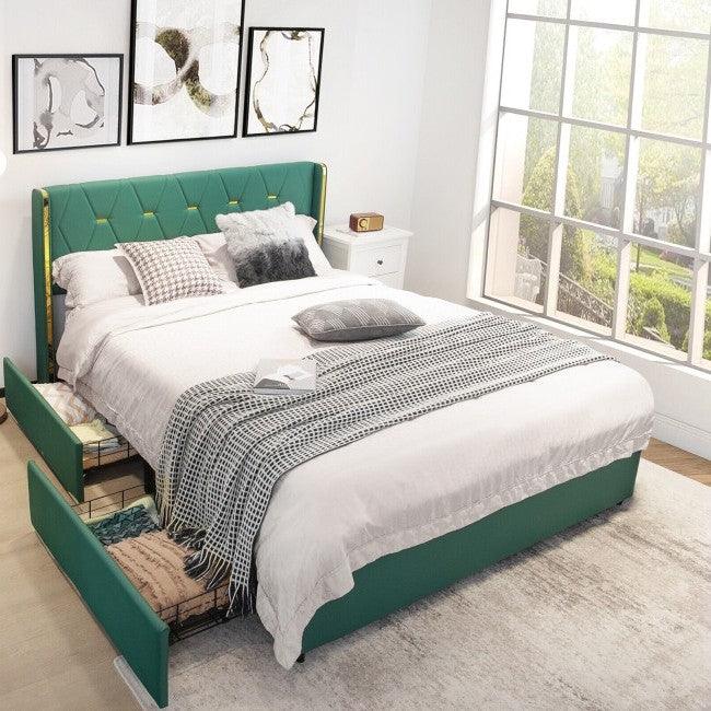 Full Size Green/Gold Linen Headboard 4 Drawer Storage Platform Bed - PRHOMZ