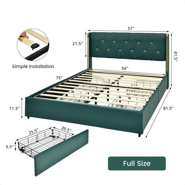 Full Size Green/Gold Linen Headboard 4 Drawer Storage Platform Bed - PRHOMZ
