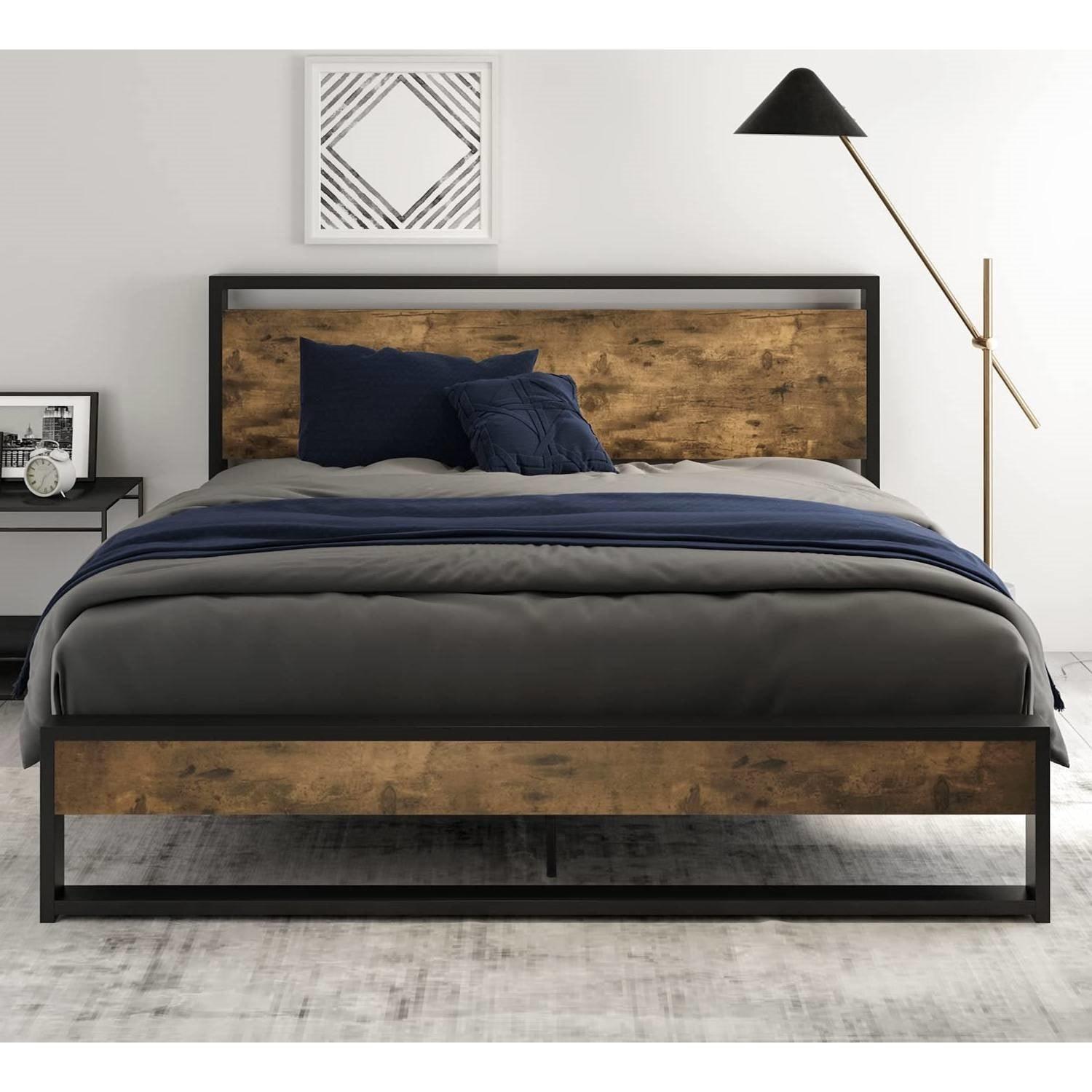 Full size Metal Wood Platform Bed Frame with Industrial Headboard - PRHOMZ