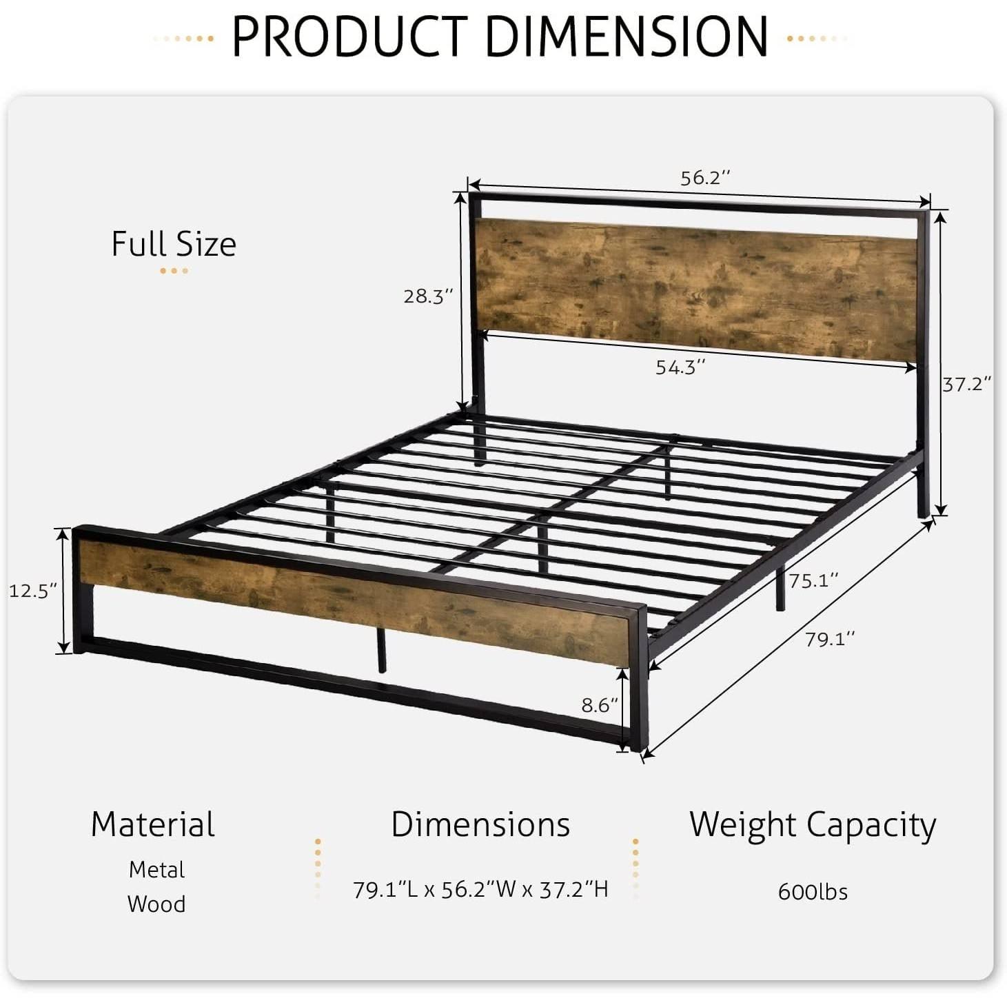 Full size Metal Wood Platform Bed Frame with Industrial Headboard - PRHOMZ